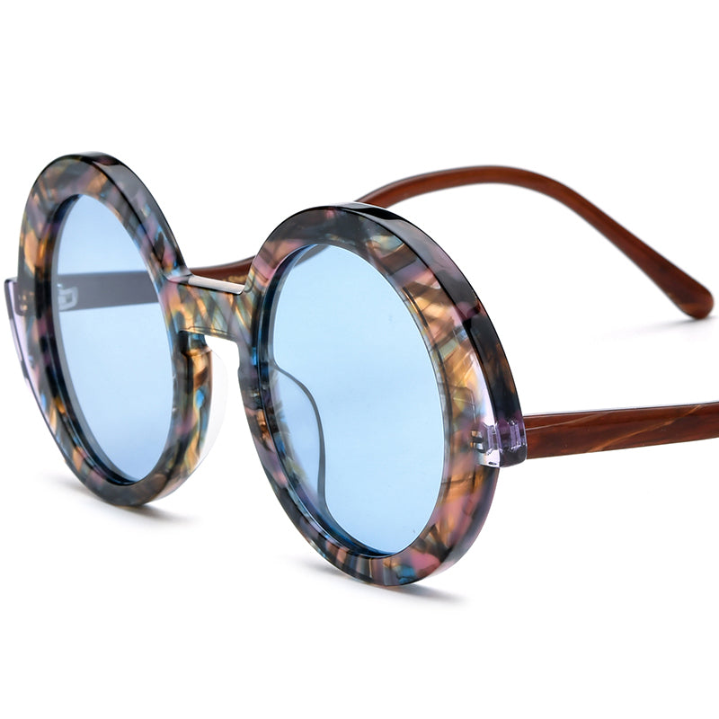 Vintage Polarized Round Sunglasses - Flower Blue Lens - MCROONS
