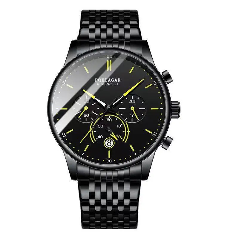 Poedagar 632 Men's Luxury Chronograph Quartz Watch – Stainless Steel Band, Waterproof, Luminous