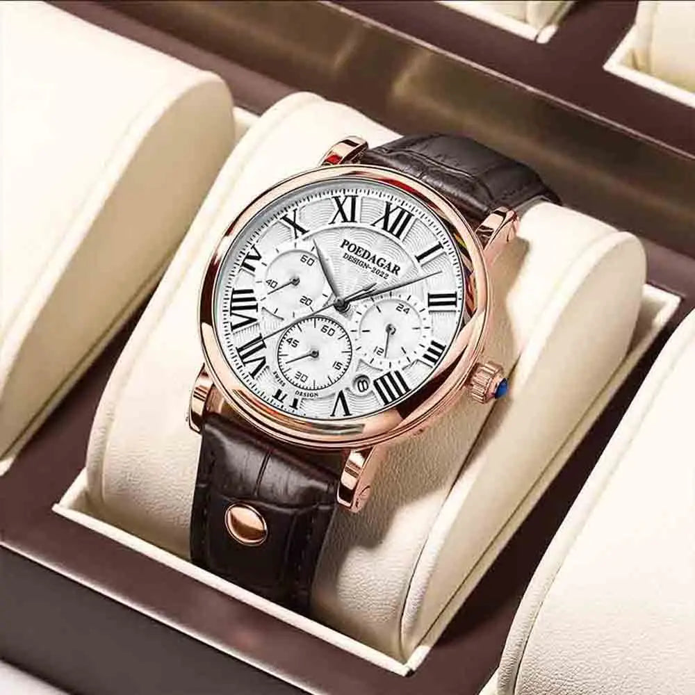 Poedagar 986 Men's Luxury Chronograph Quartz Watch – Leather Strap, Waterproof, Date