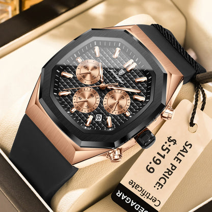 Poedagar 893 Men's Luxury Chronograph Quartz Watch – Silicone Strap, Waterproof, Luminous, Date
