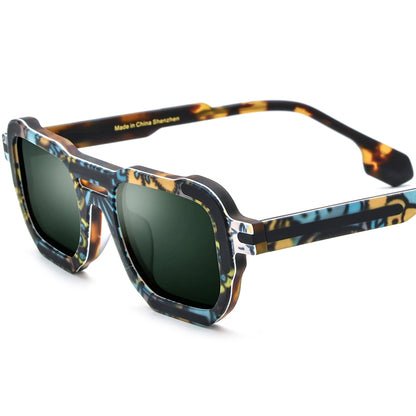Vintage Square Matte Acetate Polarized Sunglasses - Matte Green Leopard Dark Green Lens - MCROONS