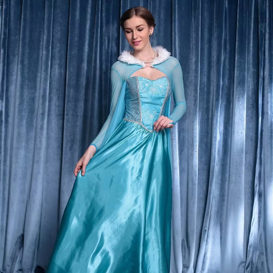 MCROONS Ice Queen Fantasy Blue Ball Gown Halloween costume with shimmering fabric and regal design, perfect for costume parties.