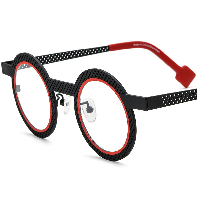 Matte Titanium Hollow-Out Round Optical Glasses Frame - Matte Black - MCROONS