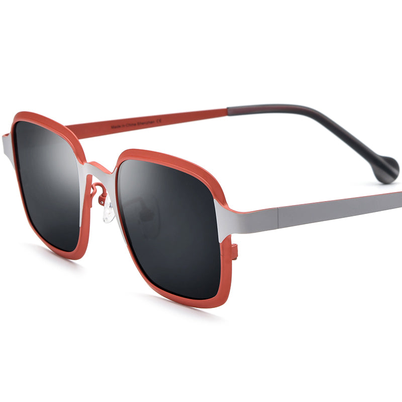 Colourful Titanium Square Polarised Sunglasses Vintage - Matte Red Silver Frame Gray Lens - MCROONS