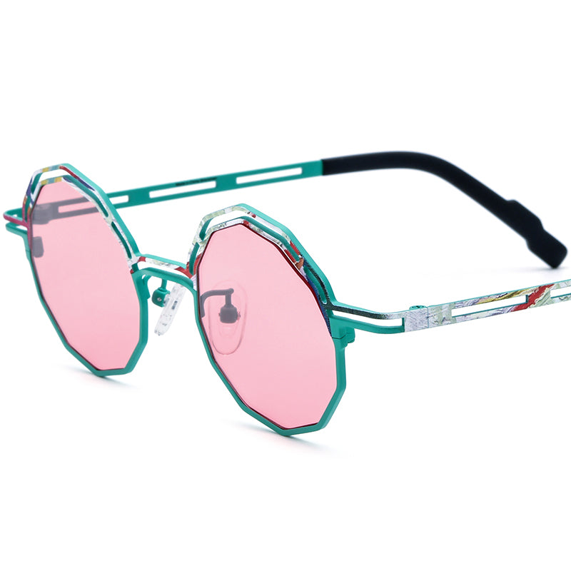 Print Titanium Polygon Sunglasses - Cyan - MCROONS