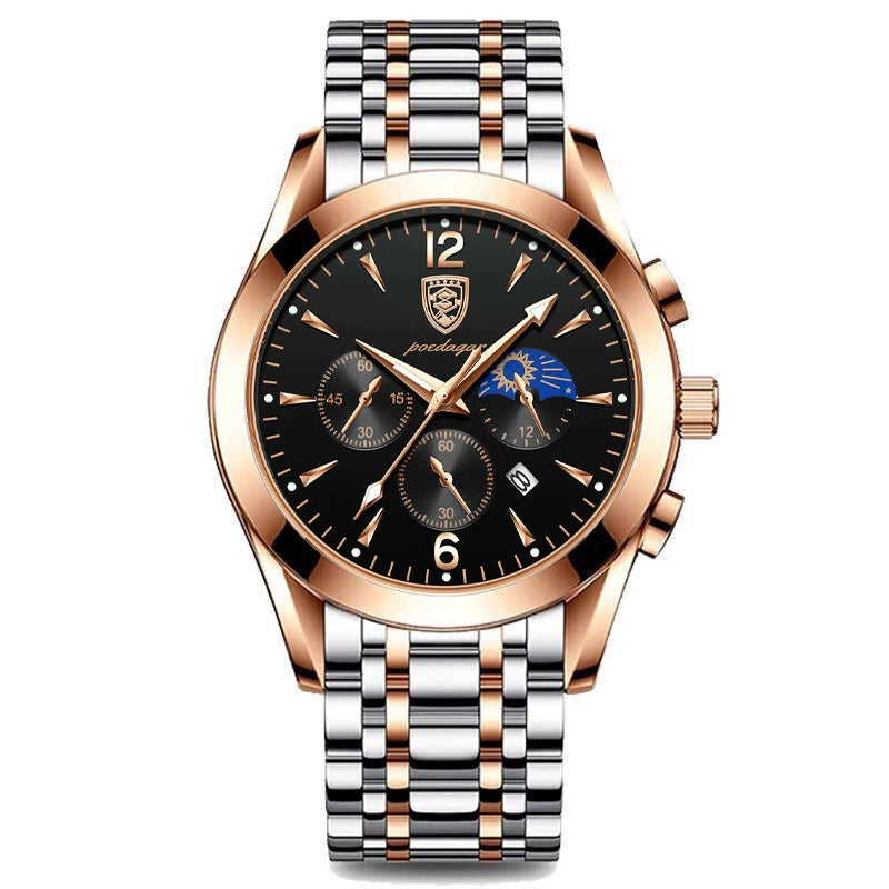 Poedagar 8298 Men's Sport Chronograph Quartz Watch – Leather Strap, Waterproof, Luminous, Date