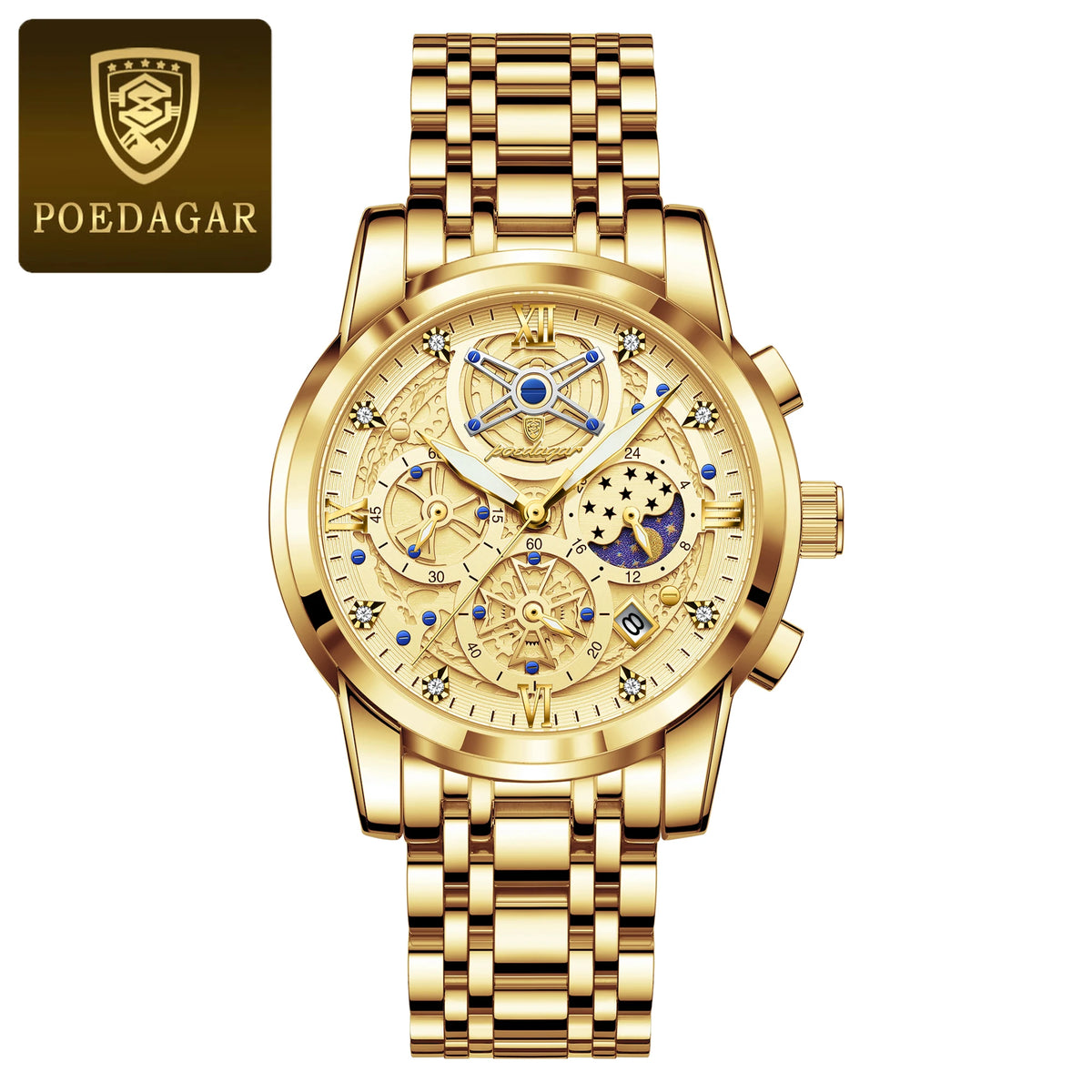 Poedagar 984 Men's Luxury Chronograph Quartz Watch – Stainless Steel Band, Waterproof, Luminous, Date