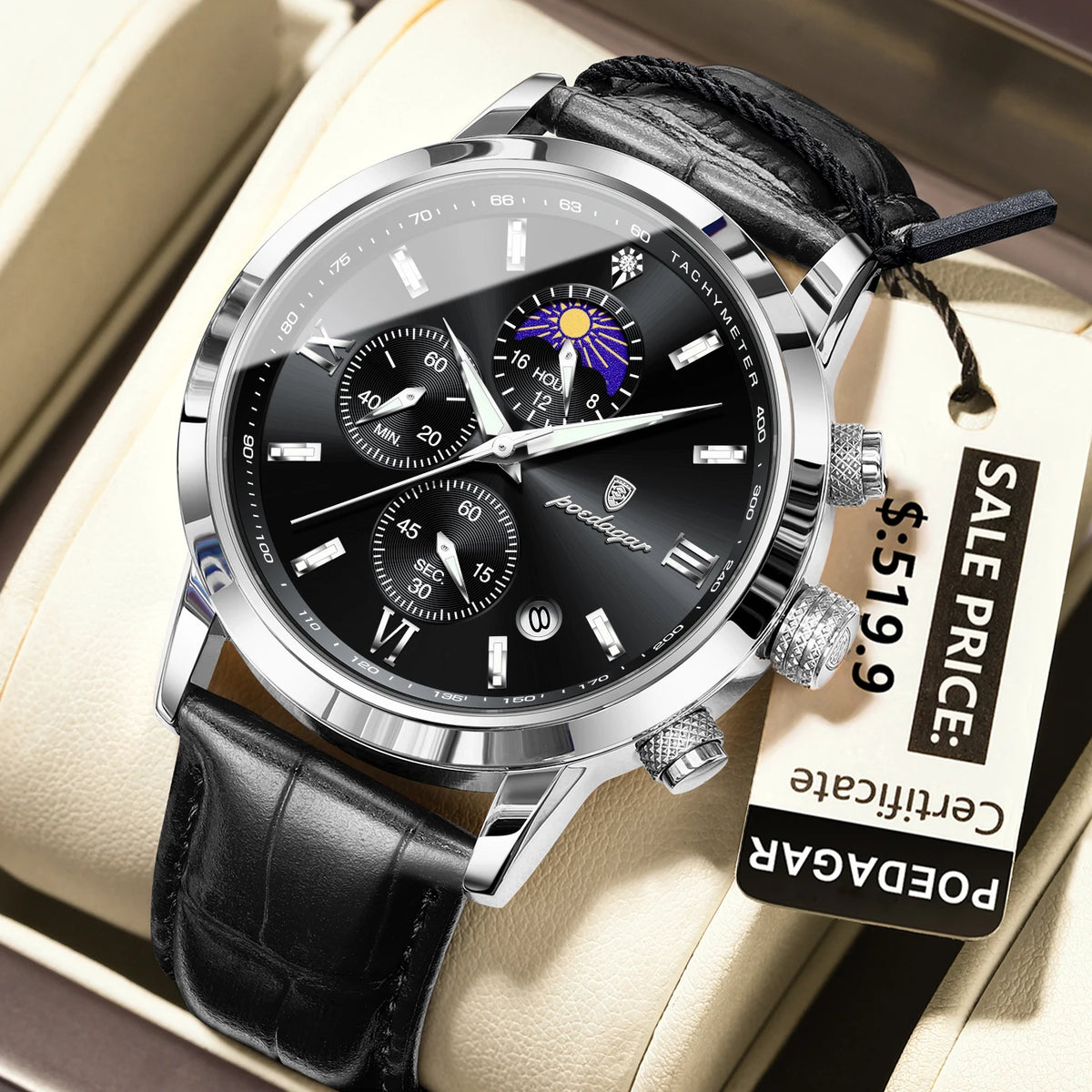 Poedagar 882 Men's Luxury Chronograph Quartz Watch – Leather Strap, Waterproof, Luminous, Date
