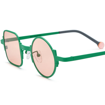 Asymmetric Titanium Square Round Polarised Sunglasses Vintage - Green Pink Lens - MCROONS