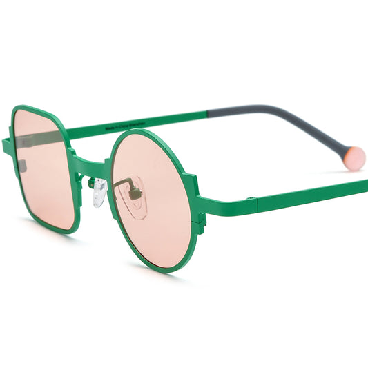 Asymmetric Titanium Square Round Polarised Sunglasses Vintage - Green Pink Lens - MCROONS
