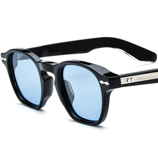 Vintage Square Acetate Polarized Mirrored Sunglasses - Black Silver Blue Lens - MCROONS
