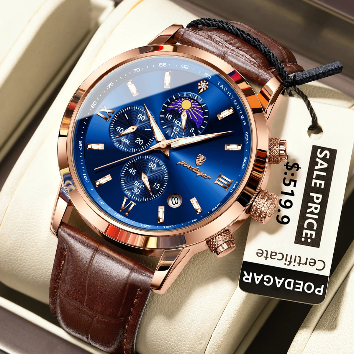 Poedagar 882 Men's Luxury Chronograph Quartz Watch – Leather Strap, Waterproof, Luminous, Date
