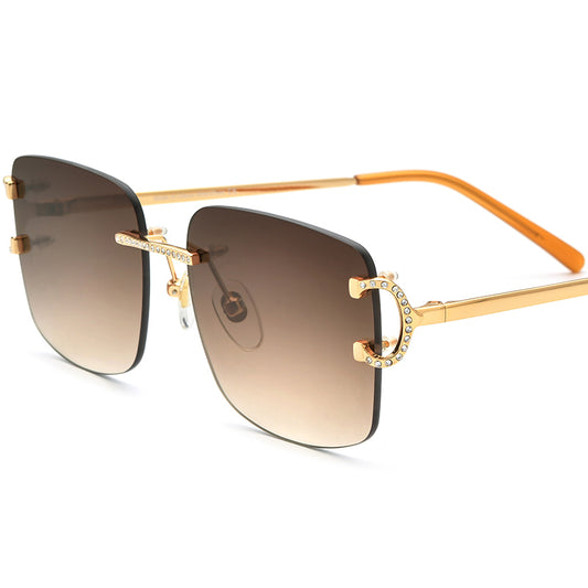 Rimless Square Sunglasses with Crystal Hinge Detail - Gold Tea - MCROONS