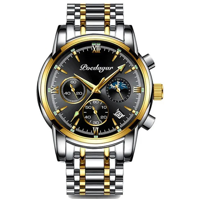 Poedagar 8058 Men's Luxury Quartz Watch – Stainless Steel Band, Waterproof, Luminous, Date