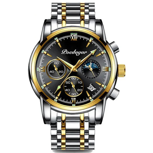 Poedagar 8058 Men's Luxury Quartz Watch – Stainless Steel Band, Waterproof, Luminous, Date