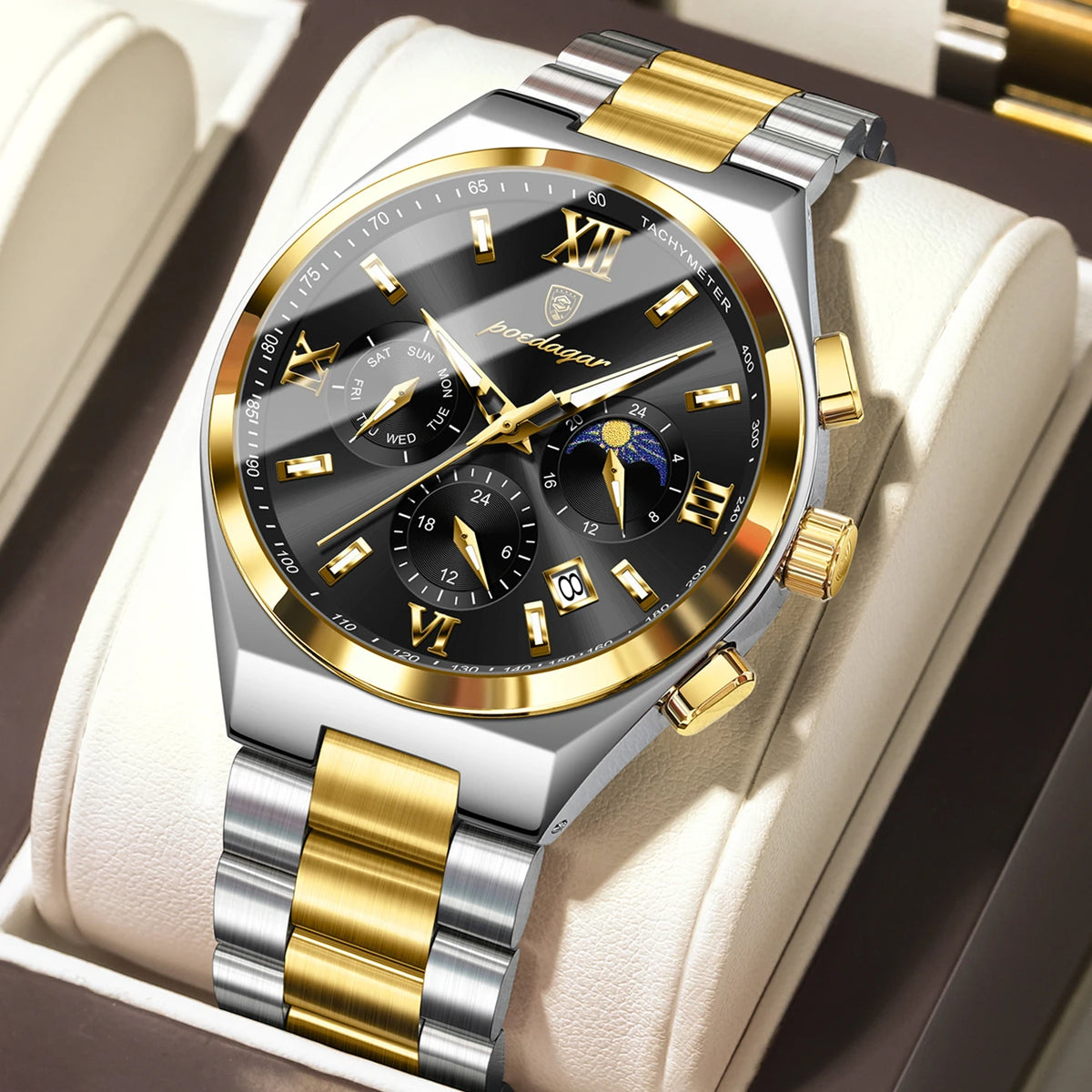 Poedagar 688 Men's Luxury Chronograph Quartz Watch – Stainless Steel Band, Waterproof, Luminous, Date