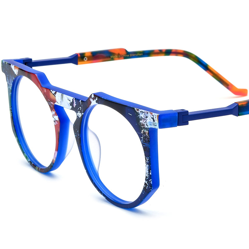 Oversized Round Multicolour Acetate Optical Glasses Frame - Blue - MCROONS