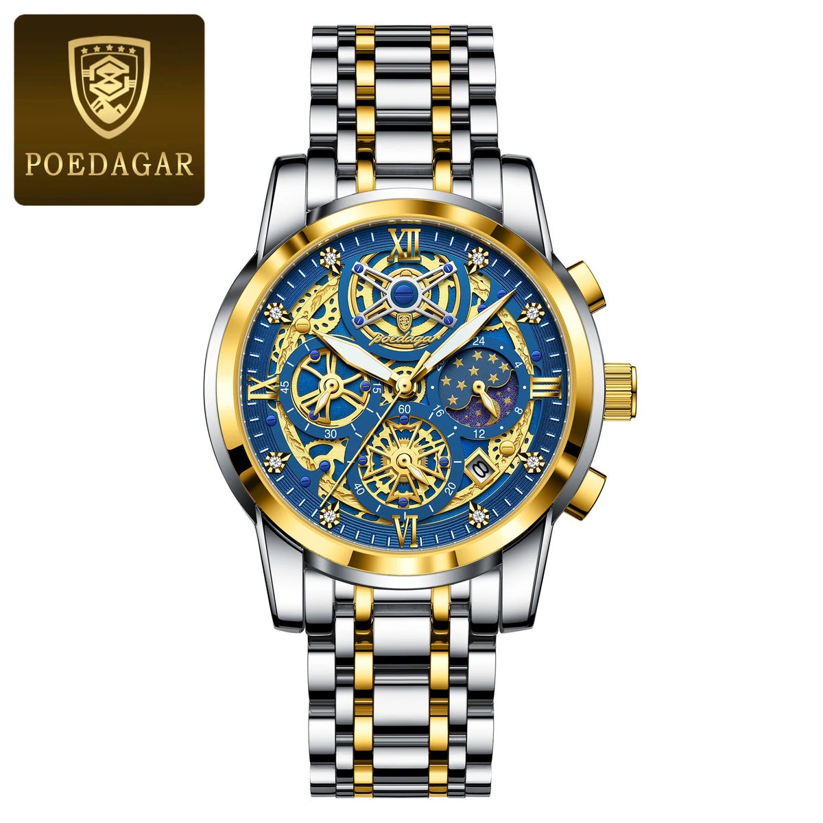 Poedagar 984 Men's Luxury Chronograph Quartz Watch – Stainless Steel Band, Waterproof, Luminous, Date