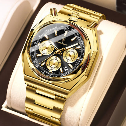 Poedagar 897 Men's Luxury Chronograph Quartz Watch – Stainless Steel Band, Waterproof, Luminous, Date