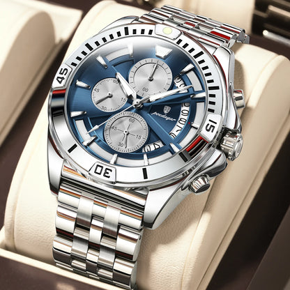 Poedagar 695 Men's Luxury Chronograph Quartz Watch – Stainless Steel Band, Waterproof, Luminous, Date