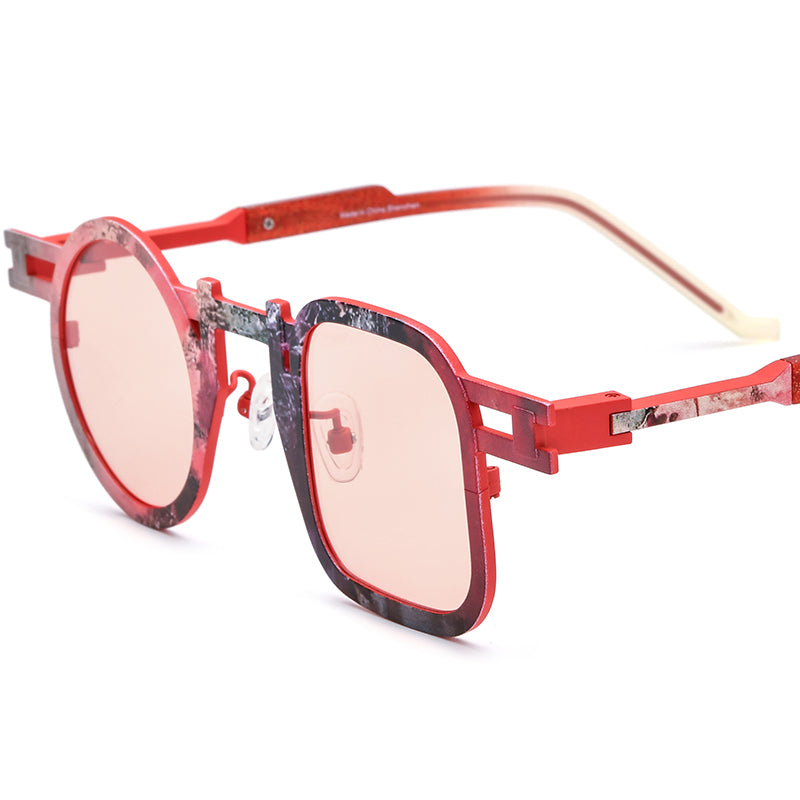 Print Titanium Square Sunglasses - Red - MCROONS
