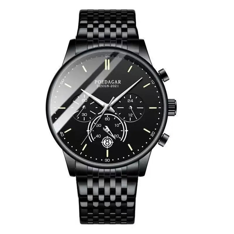 Poedagar 632 Men's Luxury Chronograph Quartz Watch – Stainless Steel Band, Waterproof, Luminous