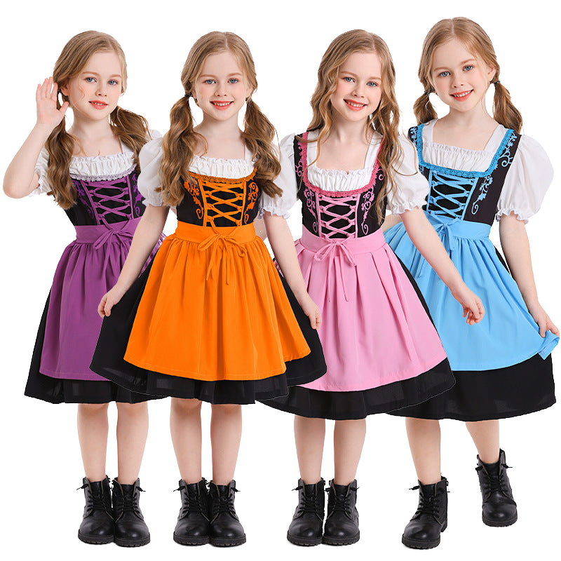 Kids Beer Maid Dirndl costume dress by Mcroons featuring traditional Bavarian style with a pink and black apron and floral accents.