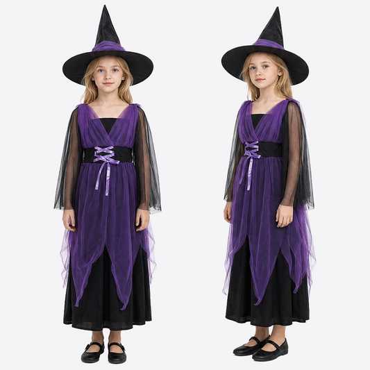 Girls purple witch costume by MCROONS featuring a pointed hat, flowing dress, and whimsical details for Halloween or dress-up.