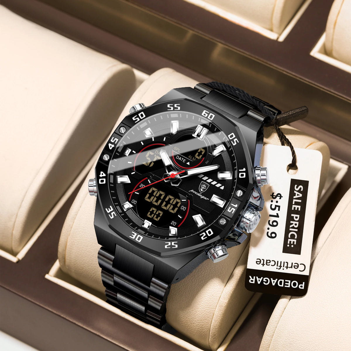 Poedagar E101 Men's Luxury Chronograph Quartz Watch – Stainless Steel Band, Waterproof, Luminous, Date