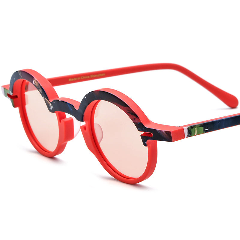 Retro Multicolour Round Matte Acetate Polarized Sunglasses UV400 - Red Pink Lens - MCROONS