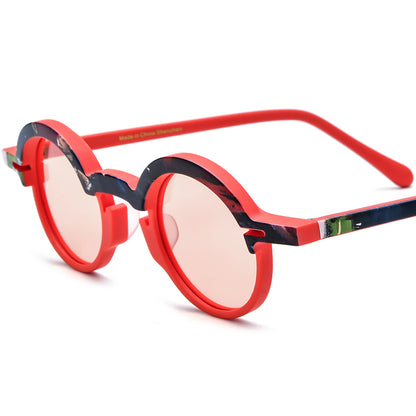 Retro Multicolour Round Matte Acetate Polarized Sunglasses UV400 - Red Pink Lens - MCROONS