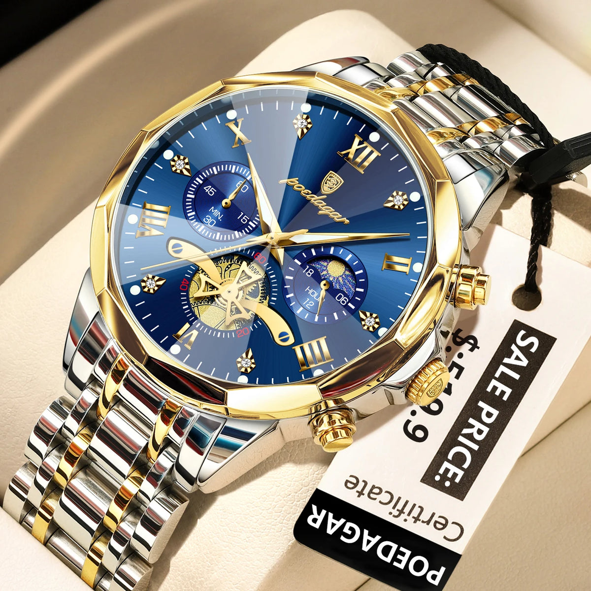 Poedagar 938 Men's Luxury Chronograph Quartz Watch – Stainless Steel Band, Waterproof, Luminous