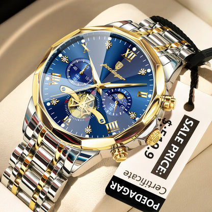 Poedagar 938 Men's Luxury Chronograph Quartz Watch – Stainless Steel Band, Waterproof, Luminous