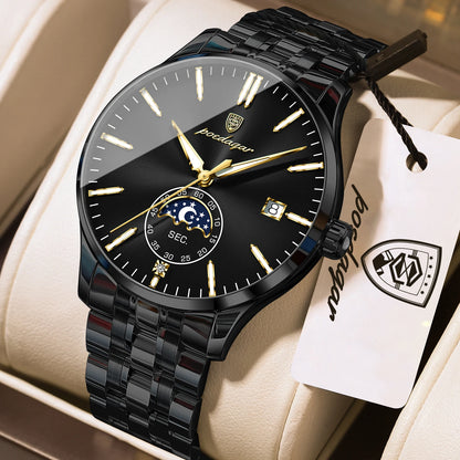 Poedagar 854 Men's Luxury Quartz Watch – Stainless Steel Band, Waterproof, Luminous, Date