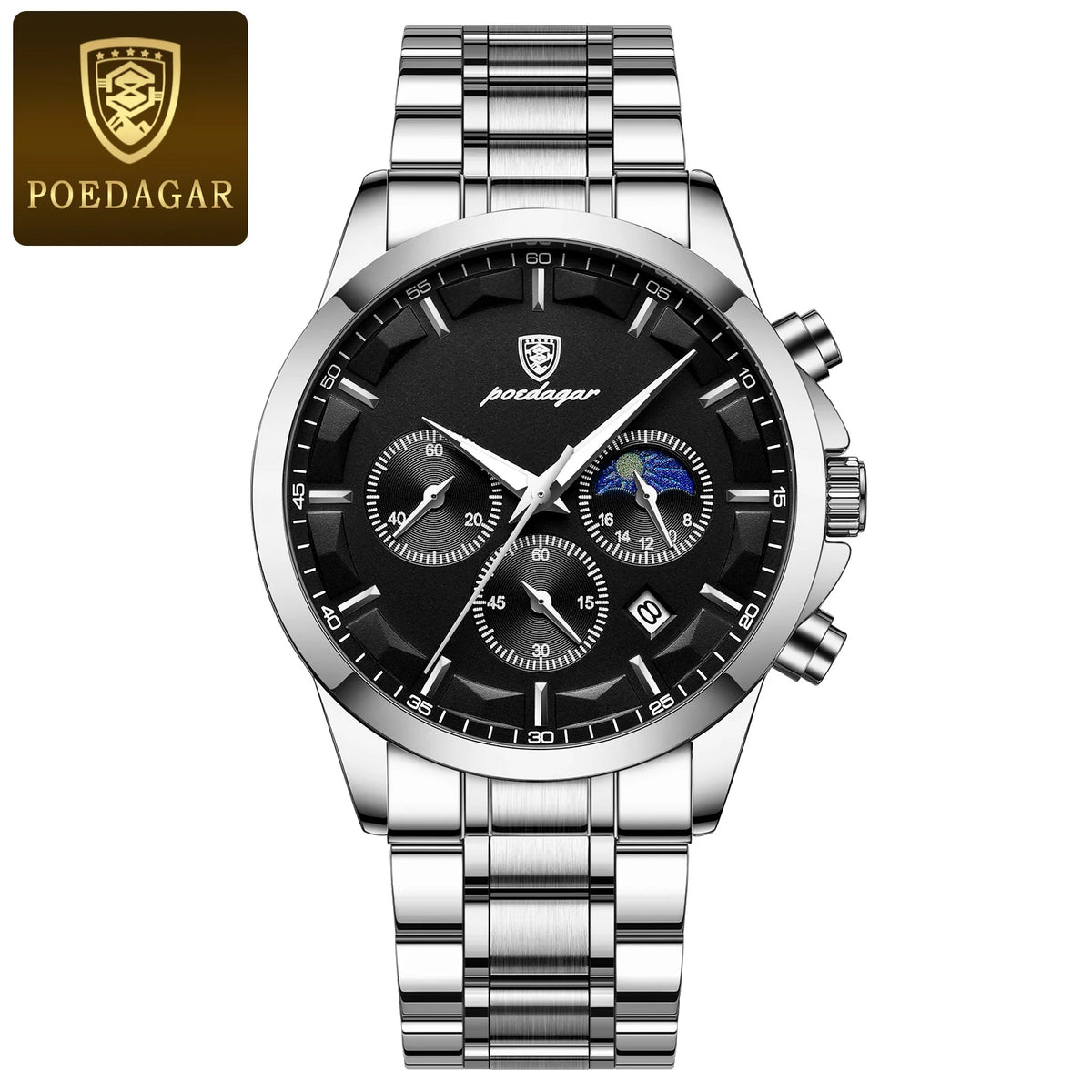 Poedagar 928 Men's Luxury Chronograph Quartz Watch – Stainless Steel Band, Waterproof, Luminous, Date
