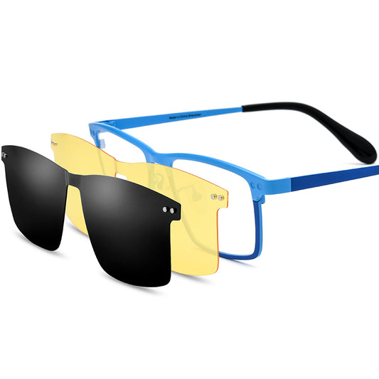Titanium Rimless Optical Glasses Frame with Magnetic Clip-On Sunglasses - Blue - MCROONS