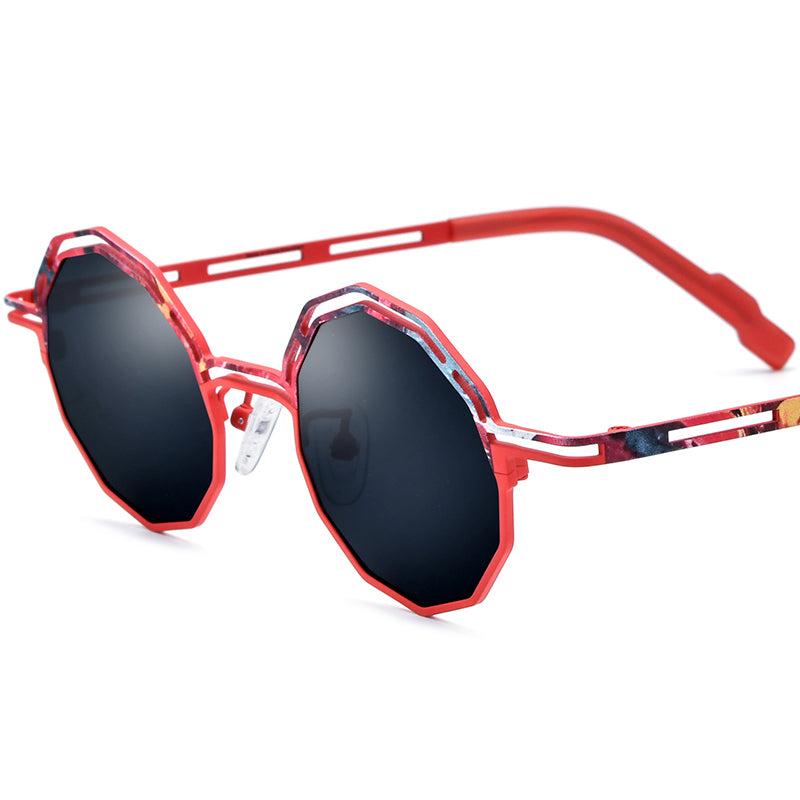 Print Titanium Polygon Sunglasses - Red - MCROONS