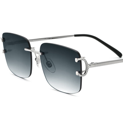 Rimless Square Sunglasses with Crystal Hinge Detail - Silver Gray - MCROONS