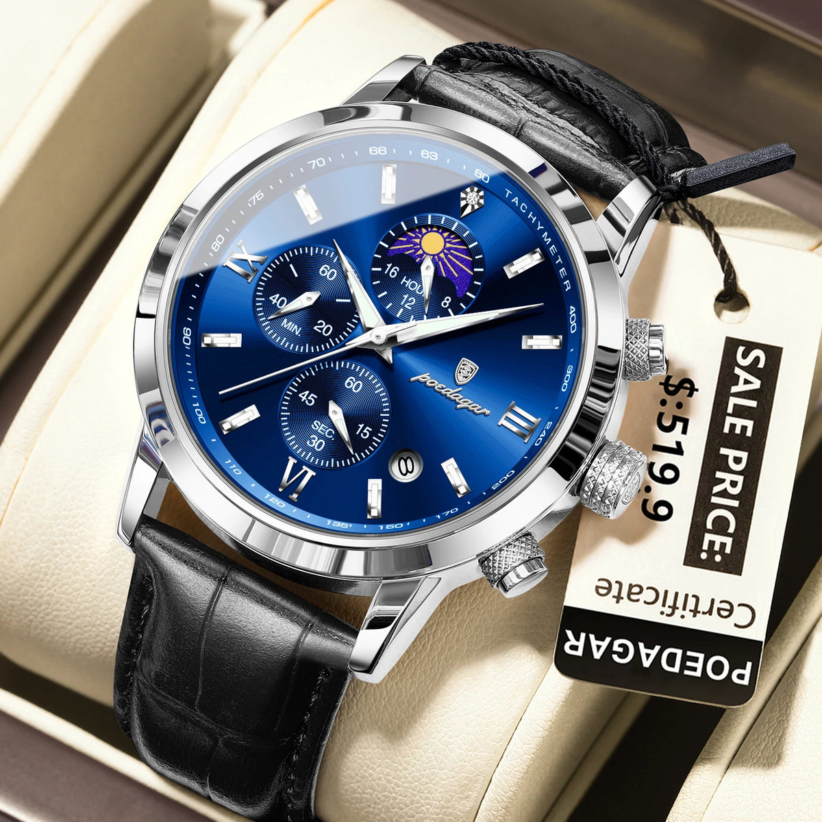 Poedagar 882 Men's Luxury Chronograph Quartz Watch – Leather Strap, Waterproof, Luminous, Date
