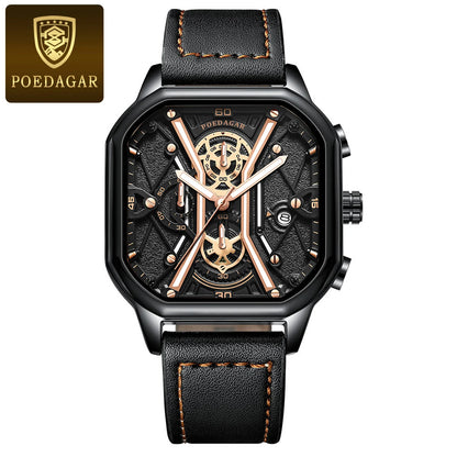 Poedagar 922 Men's Luxury Chronograph Quartz Watch – Leather Strap, Waterproof, Luminous, Date