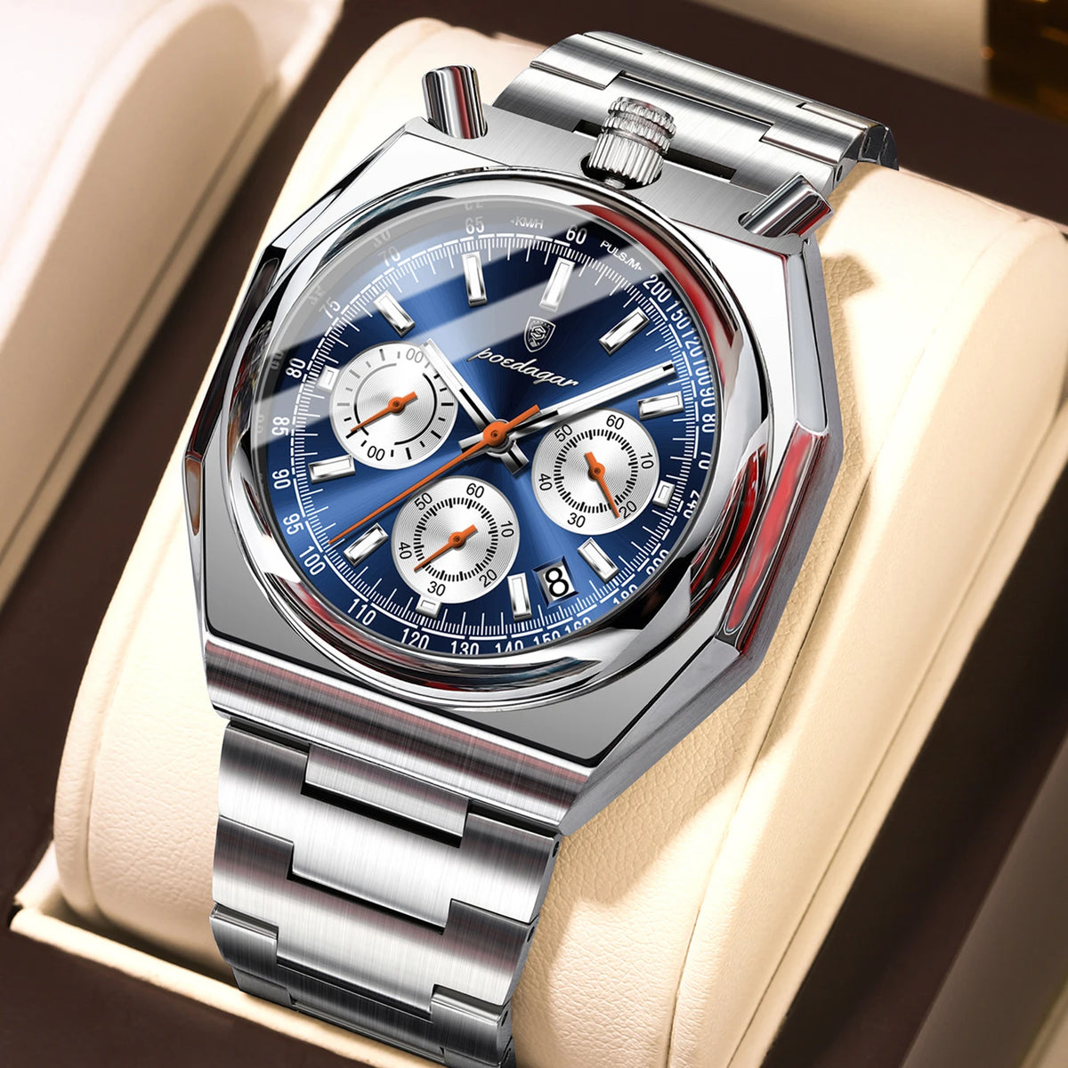 Poedagar 897 Men's Luxury Chronograph Quartz Watch – Stainless Steel Band, Waterproof, Luminous, Date