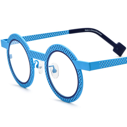 Matte Titanium Hollow-Out Round Optical Glasses Frame - Matte Blue - MCROONS