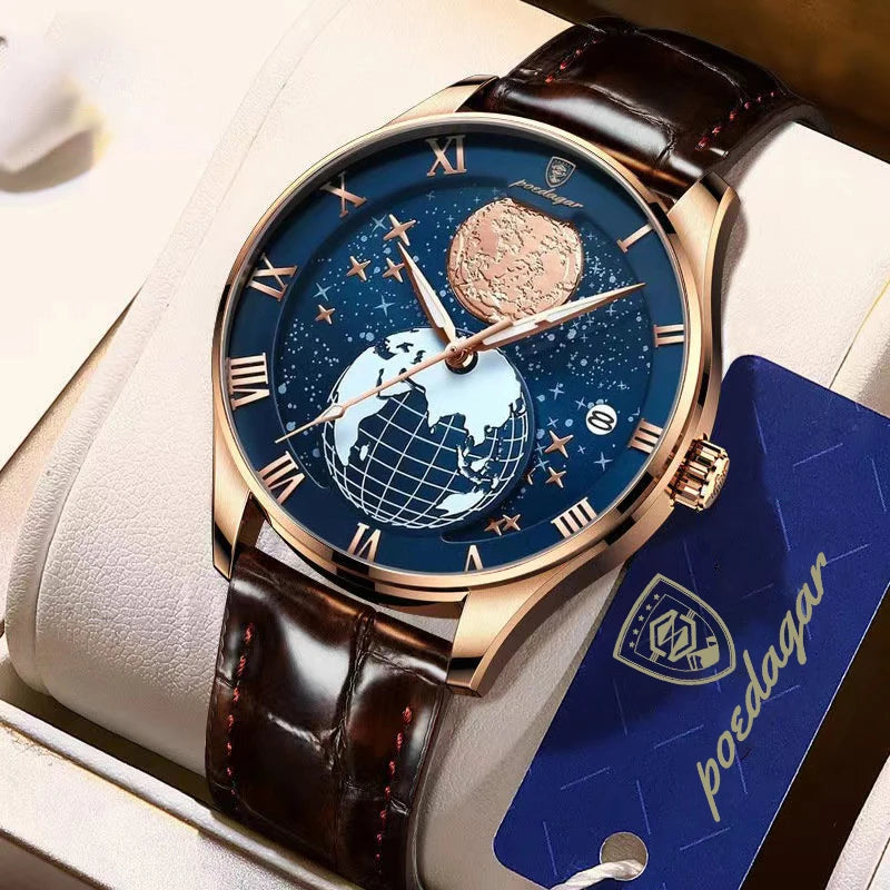 Poedagar 803 Men's Luxury Quartz Watch – Leather Strap, Waterproof, Luminous, Date