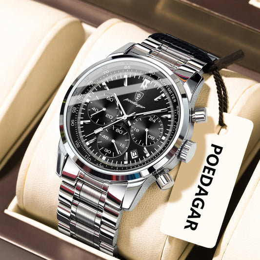 Poedagar 921 Men's Luxury Chronograph Quartz Watch – Stainless Steel Band, Waterproof, Luminous, Date