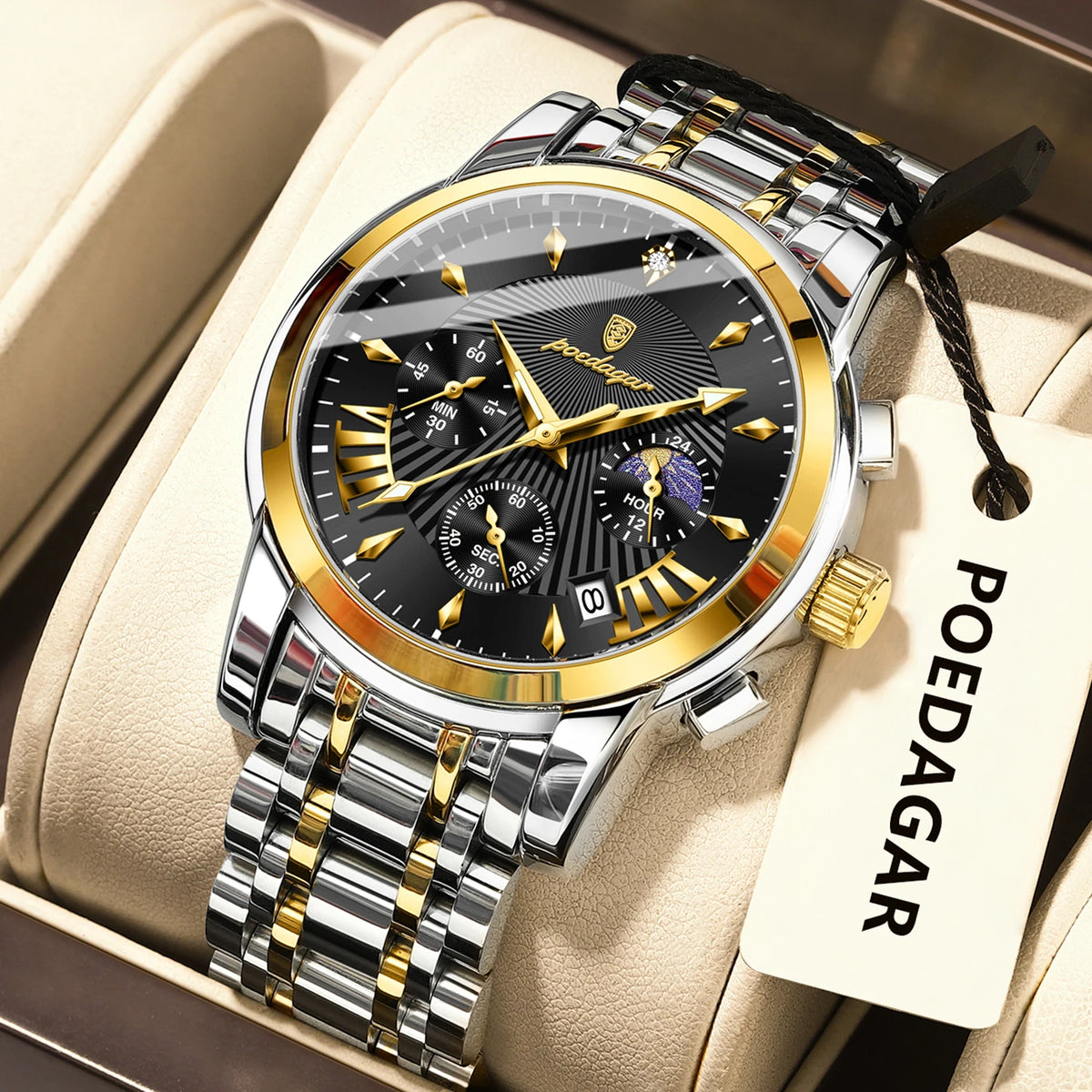 Poedagar 813 Men's Luxury Chronograph Quartz Watch – Stainless Steel Band, Waterproof, Luminous, Date