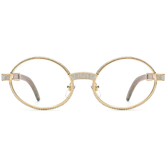 Crystal-Paved Wood Round Optical Glasses Frame - MCROONS - Front View
