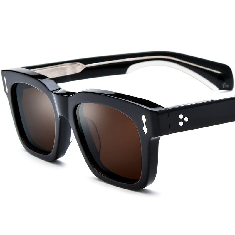 Retro Square Thick Acetate Polarized Mirrored Sunglasses - Black Brown Lens - MCROONS