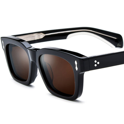 Retro Square Thick Acetate Polarized Mirrored Sunglasses - Black Brown Lens - MCROONS