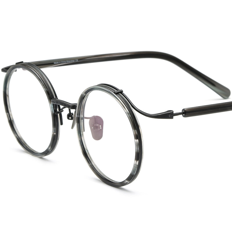 Classic Acetate Titanium Round Optical Glasses - Grey Leopard - MCROONS