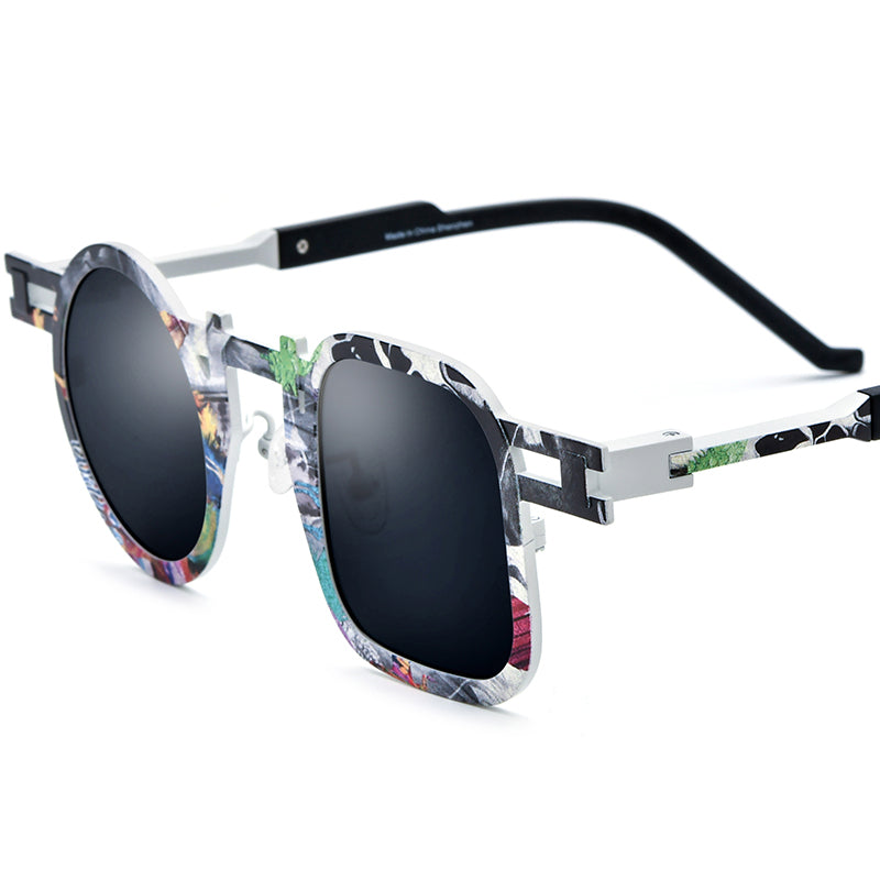 Print Titanium Square Sunglasses - White - MCROONS